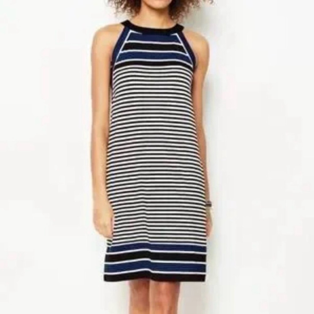 J Jill Wearever Multi Striped Halter Dress, Sz large, Black Blue White, Stretch